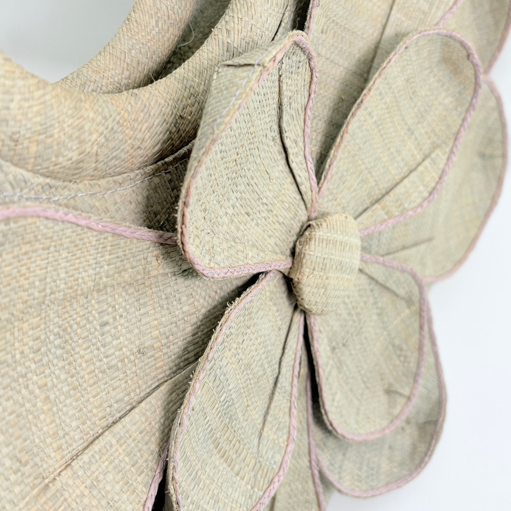 Mar Y Sol Neutral Tan Raffia Tropical Resort Handbag Tote Flower Wooden Handles - Picture 3 of 11